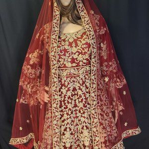 Maroon & Golden Bridal Lehenga - Indian Traditional/Modern Clothing.